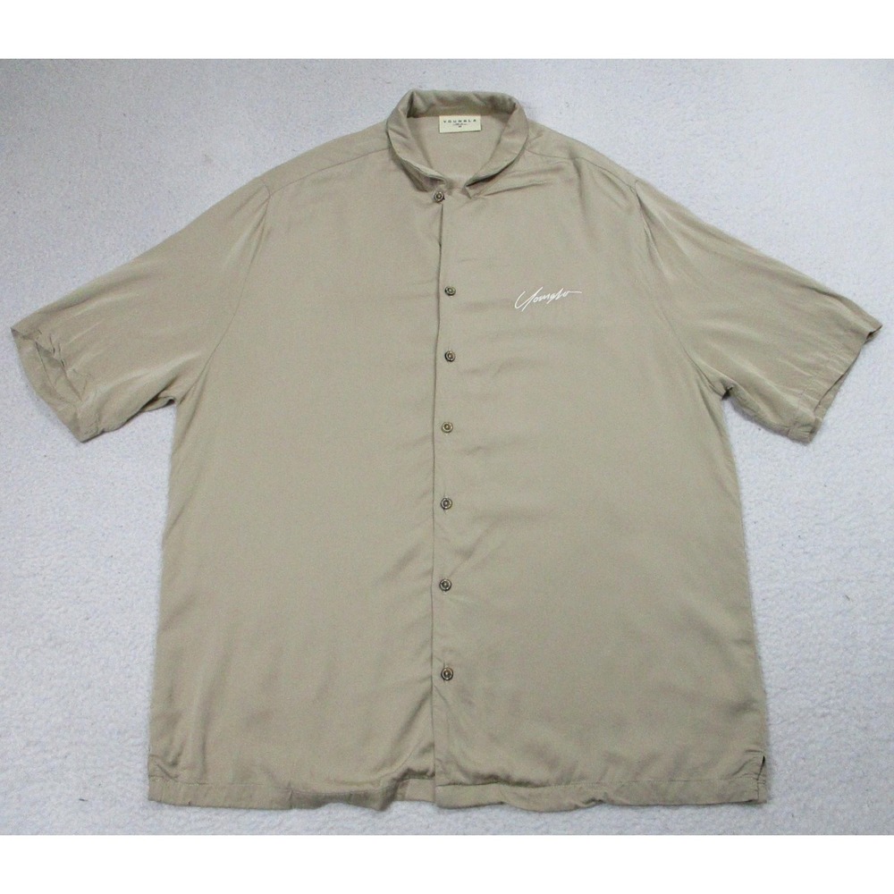 YoungLA Shirt Mens Medium Beige Viscose Short Sleeve Button Up Band Collar